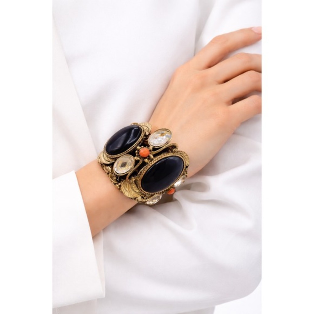 Vintage Eva Mendes Style Navy Blue Cabochon Statement Bracelet Gold Tone J-01